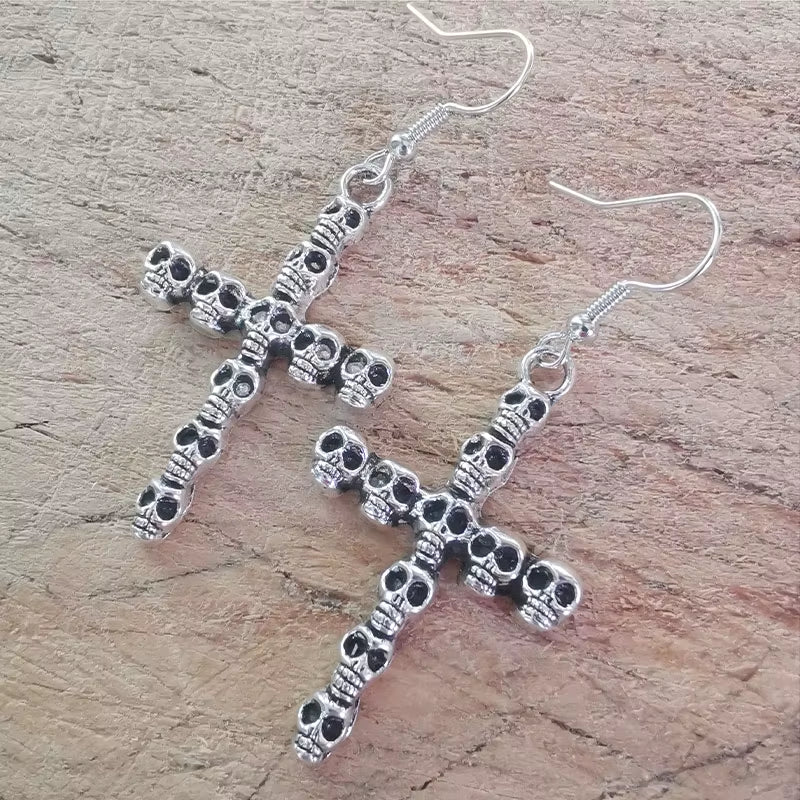 Vintage Skull Cross Drop Dangle Earrings for Women Halloween Jewelry Goth Punk Gothic Accessories Large Steampunk