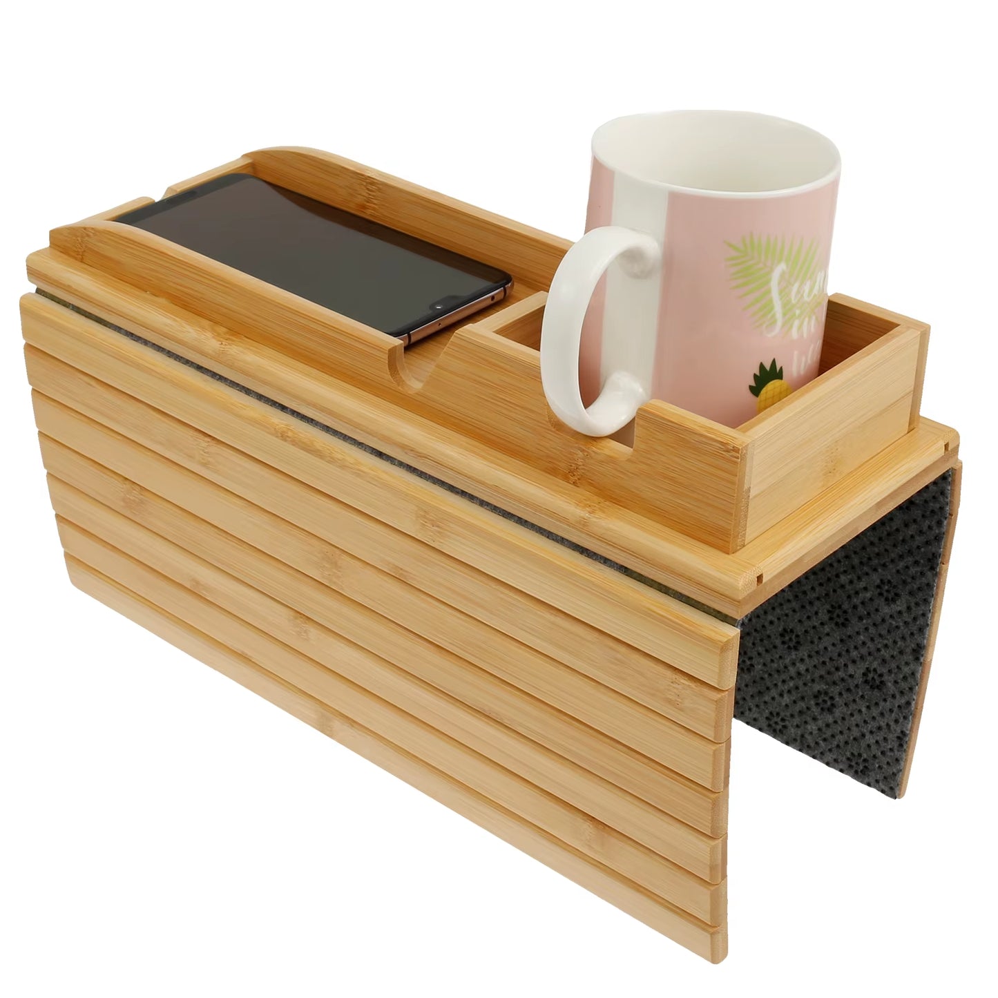 Couch Cup Holder Bamboo Sofa Armrest Tray Foldable Anti-Slip with Side Storage Pocket Remote Control Cups Snack Organizer