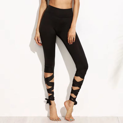 Women Ballerina Yoga Pants Bandage Leggings Fitnesss Running High Waist Leggings Side Cross Straps Sports Pants P1612