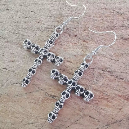 Vintage Skull Cross Drop Dangle Earrings for Women Halloween Jewelry Goth Punk Gothic Accessories Large Steampunk