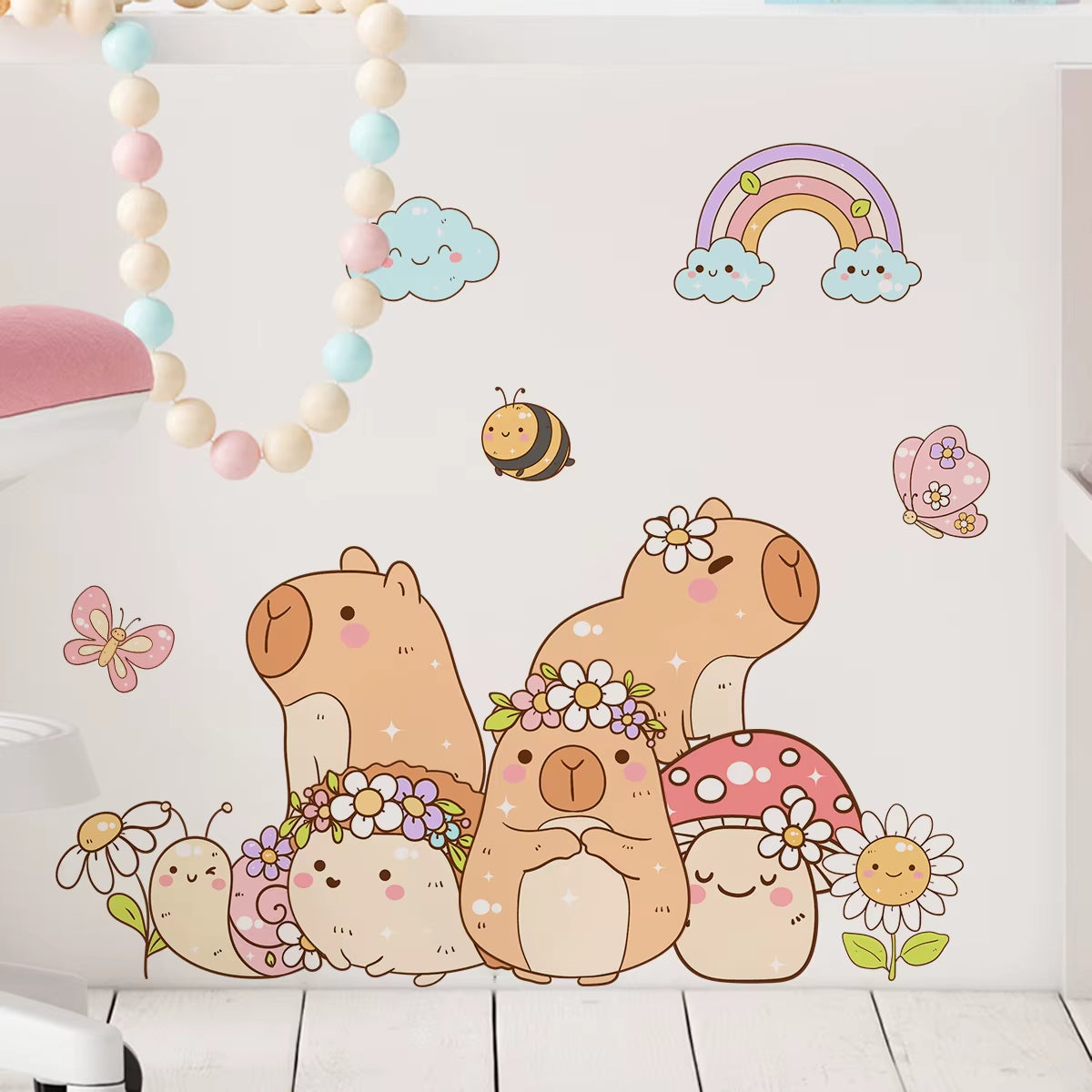 Cartoon Cute Capybara Flower Animal Watercolor Wall Sticker Children Room Wall Art Decal Kids Room Bedroom Living Home Decor