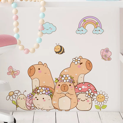 Cartoon Cute Capybara Flower Animal Watercolor Wall Sticker Children Room Wall Art Decal Kids Room Bedroom Living Home Decor