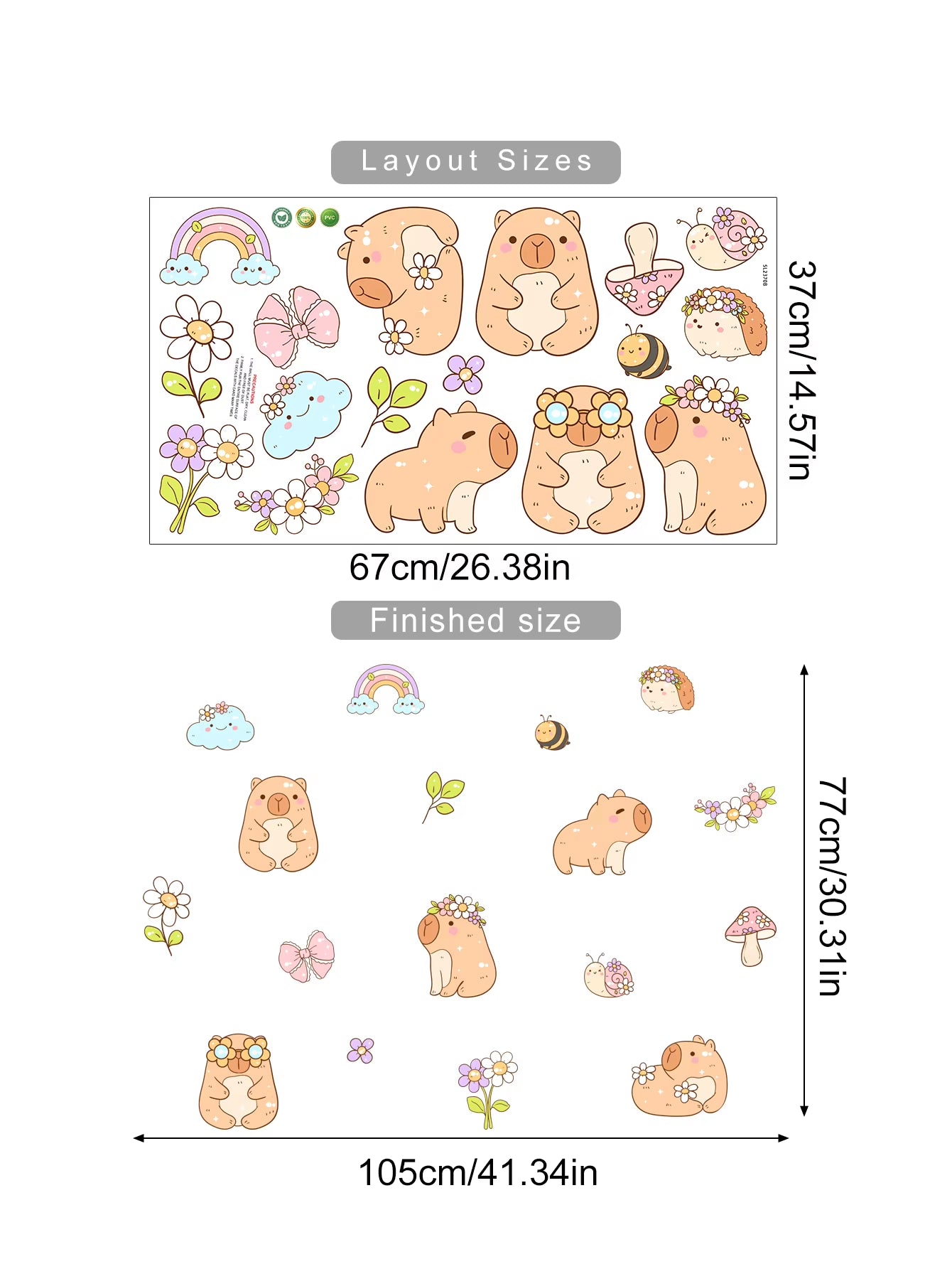 Cartoon Cute Capybara Flower Animal Watercolor Wall Sticker Children Room Wall Art Decal Kids Room Bedroom Living Home Decor
