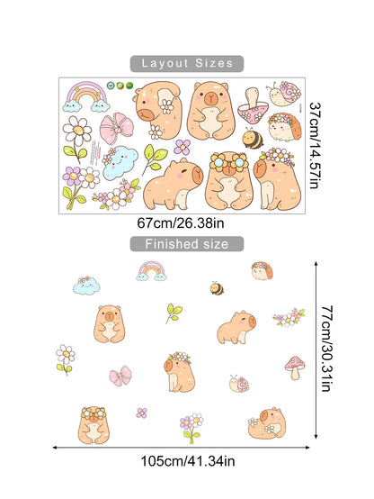 Cartoon Cute Capybara Flower Animal Watercolor Wall Sticker Children Room Wall Art Decal Kids Room Bedroom Living Home Decor