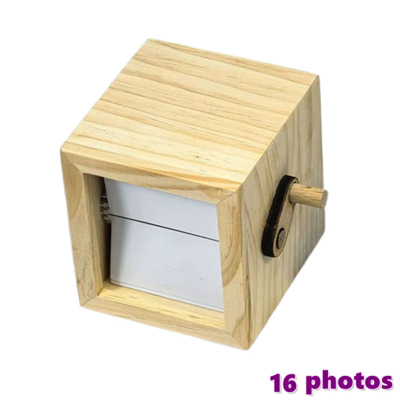 Hand-Cranked Flip Book Photo Frame Solid Wood Mini Animation Album with Night Light Desktop Ornament Gift for Couples Family