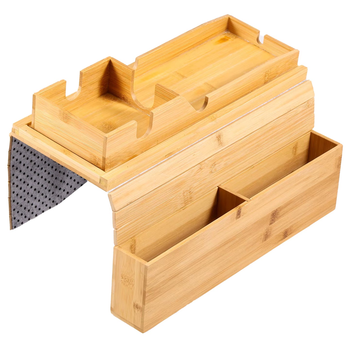 Couch Cup Holder Bamboo Sofa Armrest Tray Foldable Anti-Slip with Side Storage Pocket Remote Control Cups Snack Organizer