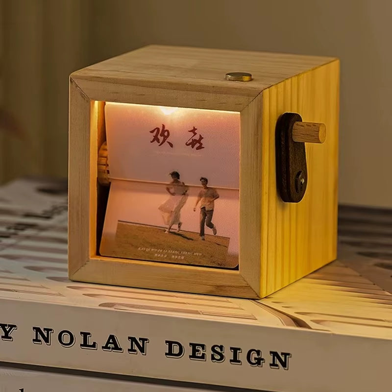 Hand-Cranked Flip Book Photo Frame Solid Wood Mini Animation Album with Night Light Desktop Ornament Gift for Couples Family