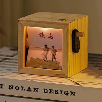 Hand-Cranked Flip Book Photo Frame Solid Wood Mini Animation Album with Night Light Desktop Ornament Gift for Couples Family