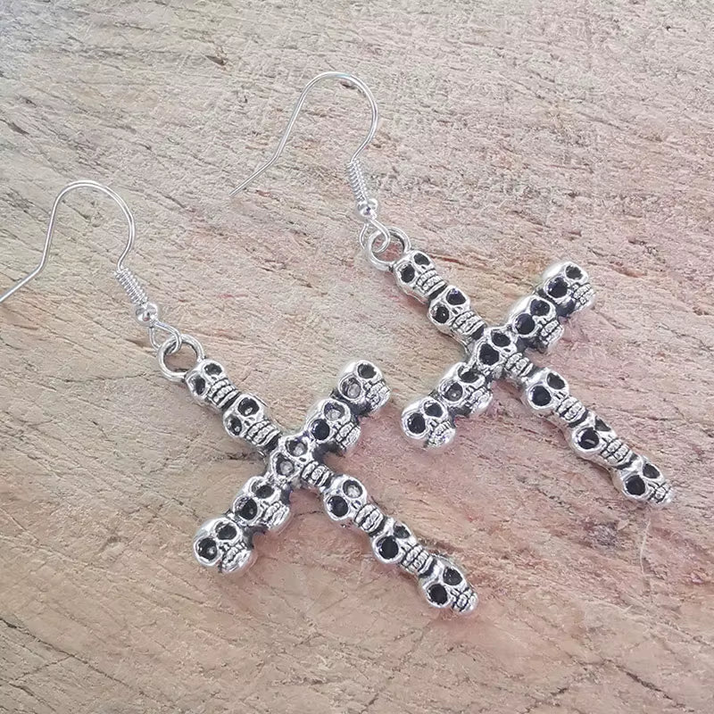 Vintage Skull Cross Drop Dangle Earrings for Women Halloween Jewelry Goth Punk Gothic Accessories Large Steampunk