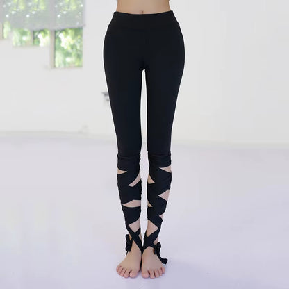 Women Ballerina Yoga Pants Bandage Leggings Fitnesss Running High Waist Leggings Side Cross Straps Sports Pants P1612
