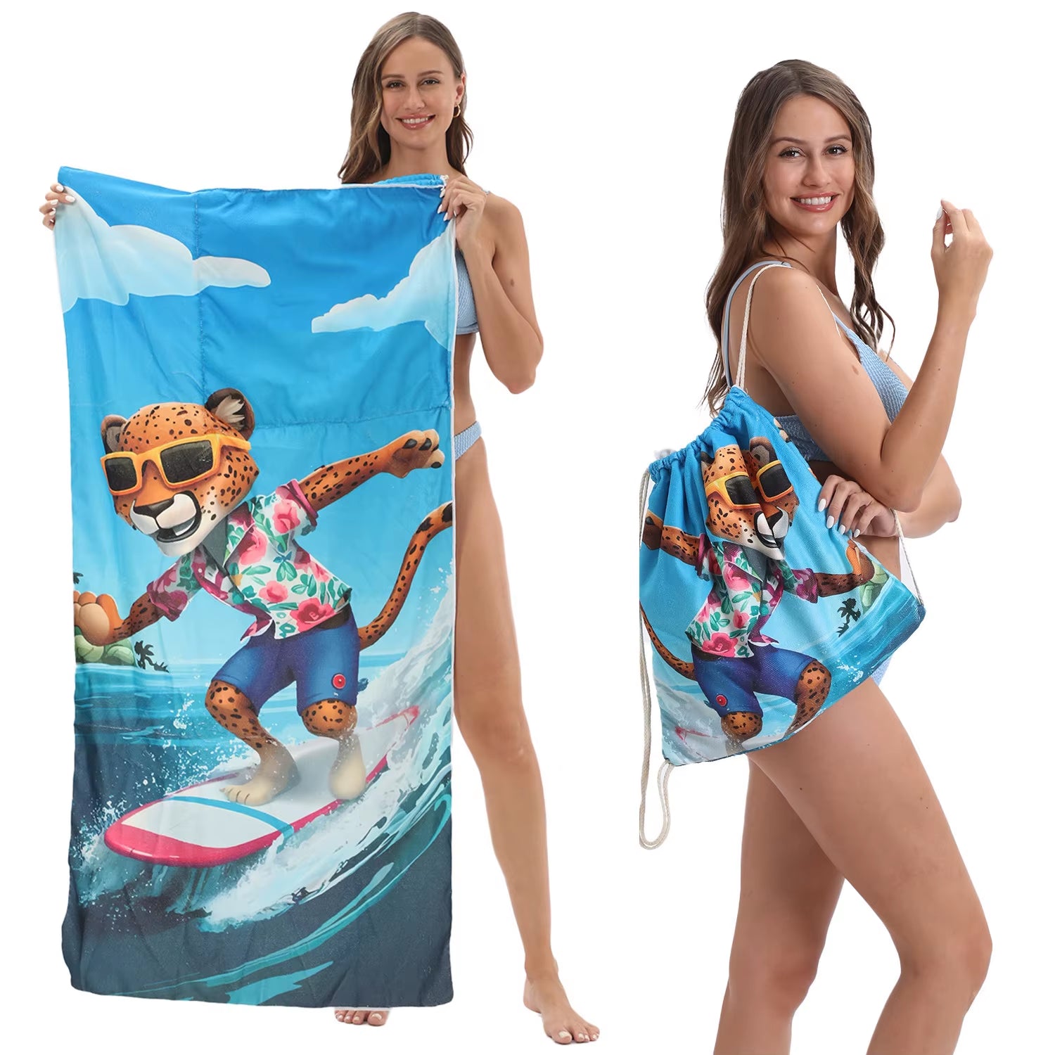 Fashion 2-In-1 Foldable Beach Towel with Integrated Bag Printed Bath Towel for Storage Portable Beach Accessory