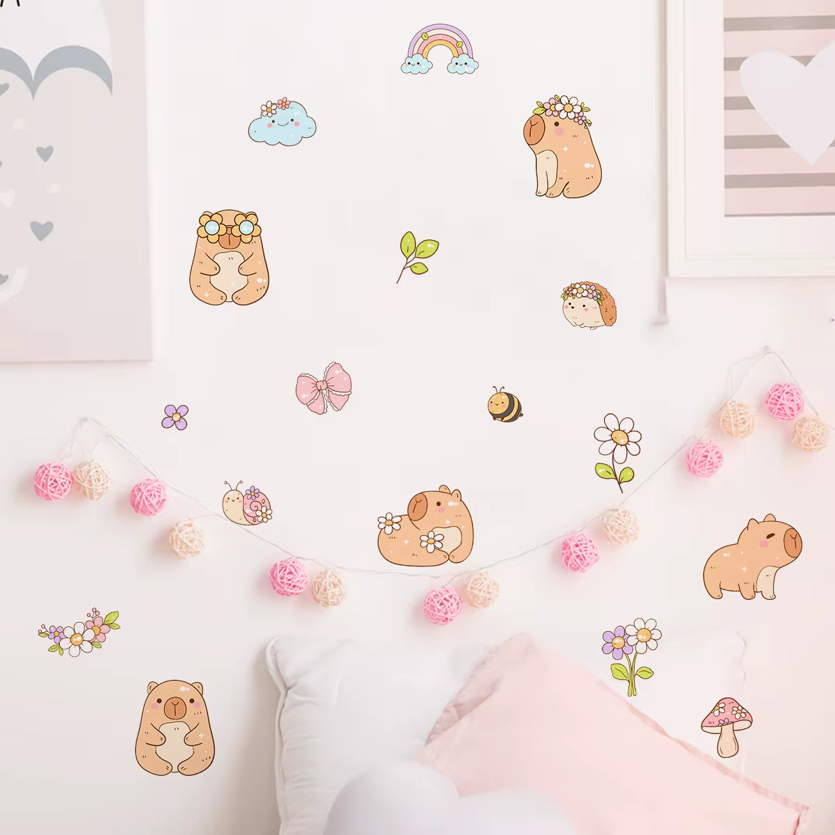 Cartoon Cute Capybara Flower Animal Watercolor Wall Sticker Children Room Wall Art Decal Kids Room Bedroom Living Home Decor