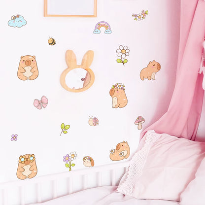 Cartoon Cute Capybara Flower Animal Watercolor Wall Sticker Children Room Wall Art Decal Kids Room Bedroom Living Home Decor