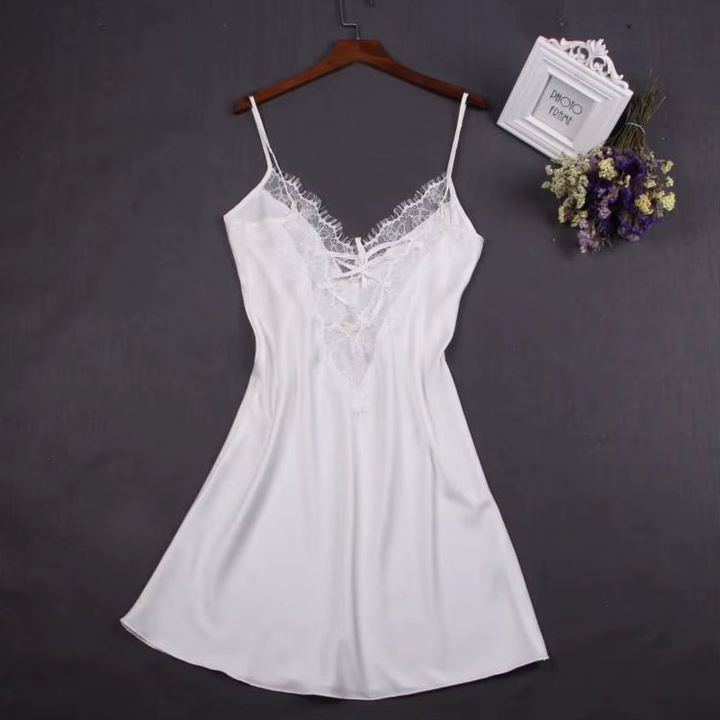 Sexy White Women Nightwear Lace Nightdress Nighty Mini Nightgown Suspender Skirt Sleepwear Rayon Sleeveless for Female M-XXL
