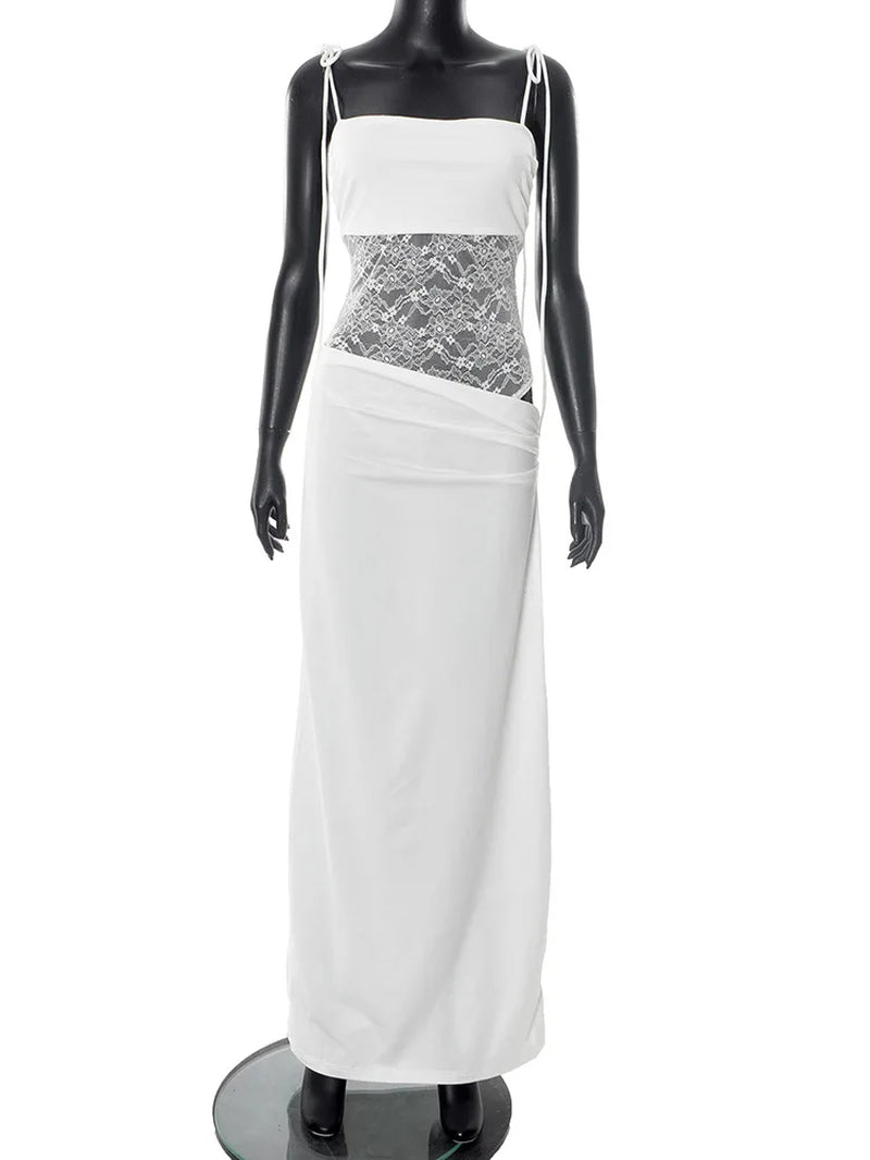 Spring Lace Long Dress Women'S Solid Spaghetti Straps Backless See through Long Dress Sexy High Waist Vintage Dresses