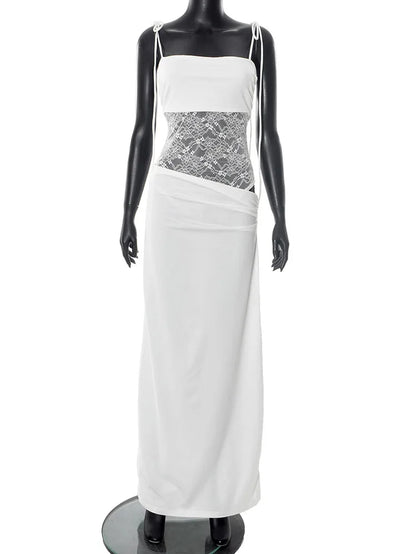 Spring Lace Long Dress Women'S Solid Spaghetti Straps Backless See through Long Dress Sexy High Waist Vintage Dresses