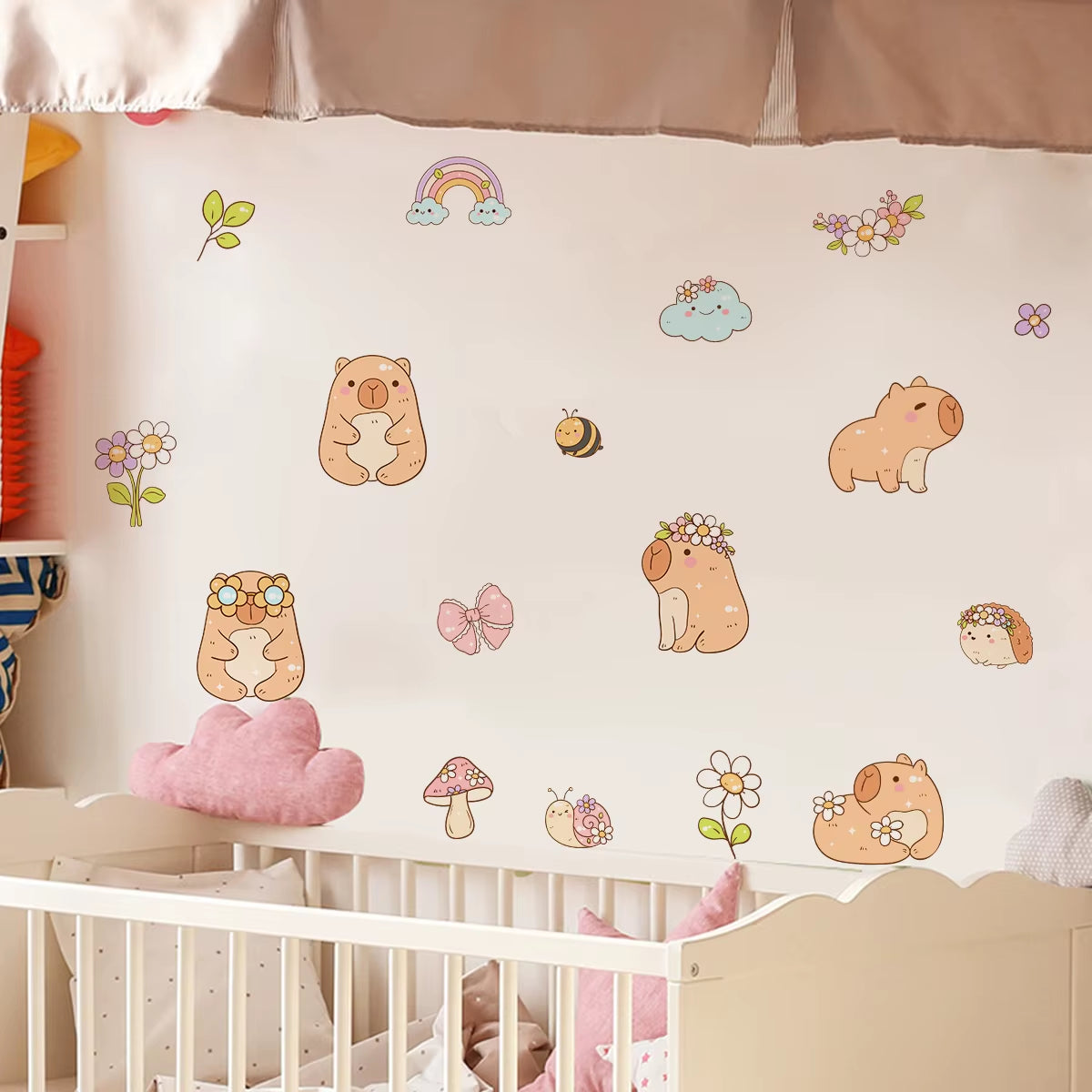 Cartoon Cute Capybara Flower Animal Watercolor Wall Sticker Children Room Wall Art Decal Kids Room Bedroom Living Home Decor