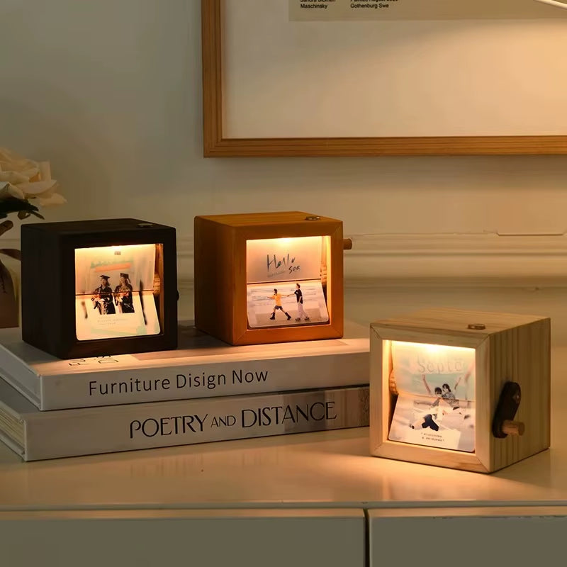 Hand-Cranked Flip Book Photo Frame Solid Wood Mini Animation Album with Night Light Desktop Ornament Gift for Couples Family