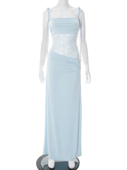 Spring Lace Long Dress Women'S Solid Spaghetti Straps Backless See through Long Dress Sexy High Waist Vintage Dresses