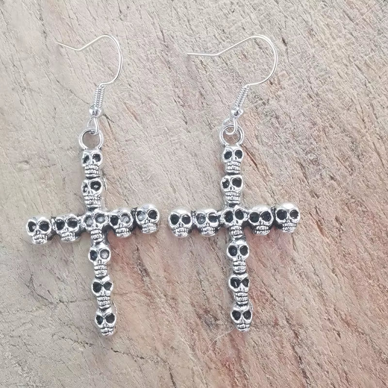 Vintage Skull Cross Drop Dangle Earrings for Women Halloween Jewelry Goth Punk Gothic Accessories Large Steampunk
