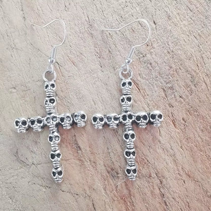 Vintage Skull Cross Drop Dangle Earrings for Women Halloween Jewelry Goth Punk Gothic Accessories Large Steampunk