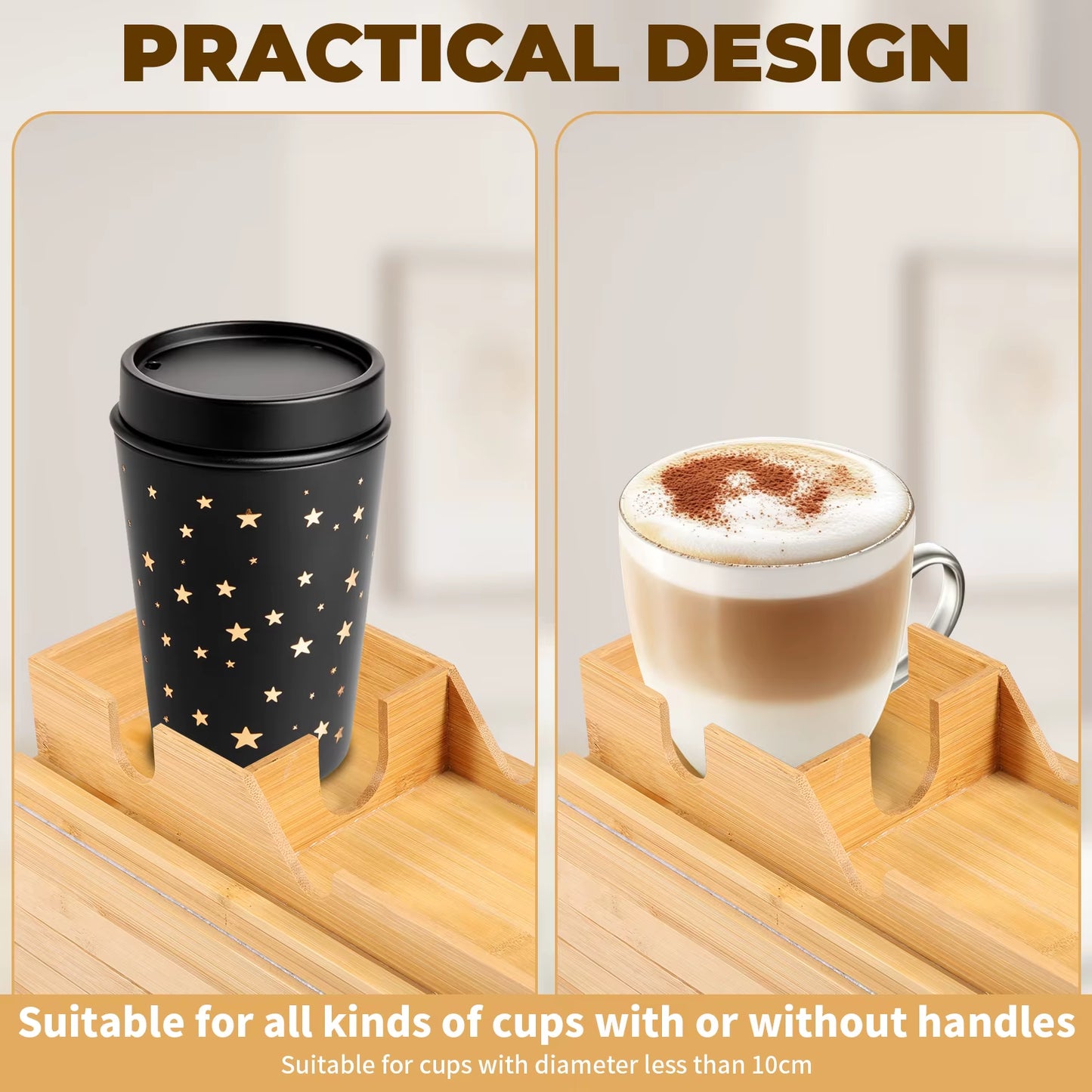 Couch Cup Holder Bamboo Sofa Armrest Tray Foldable Anti-Slip with Side Storage Pocket Remote Control Cups Snack Organizer