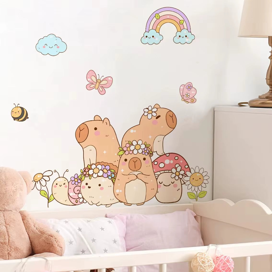Cartoon Cute Capybara Flower Animal Watercolor Wall Sticker Children Room Wall Art Decal Kids Room Bedroom Living Home Decor