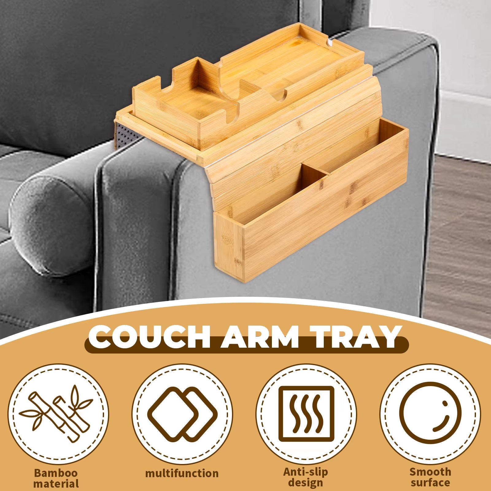Couch Cup Holder Bamboo Sofa Armrest Tray Foldable Anti-Slip with Side Storage Pocket Remote Control Cups Snack Organizer