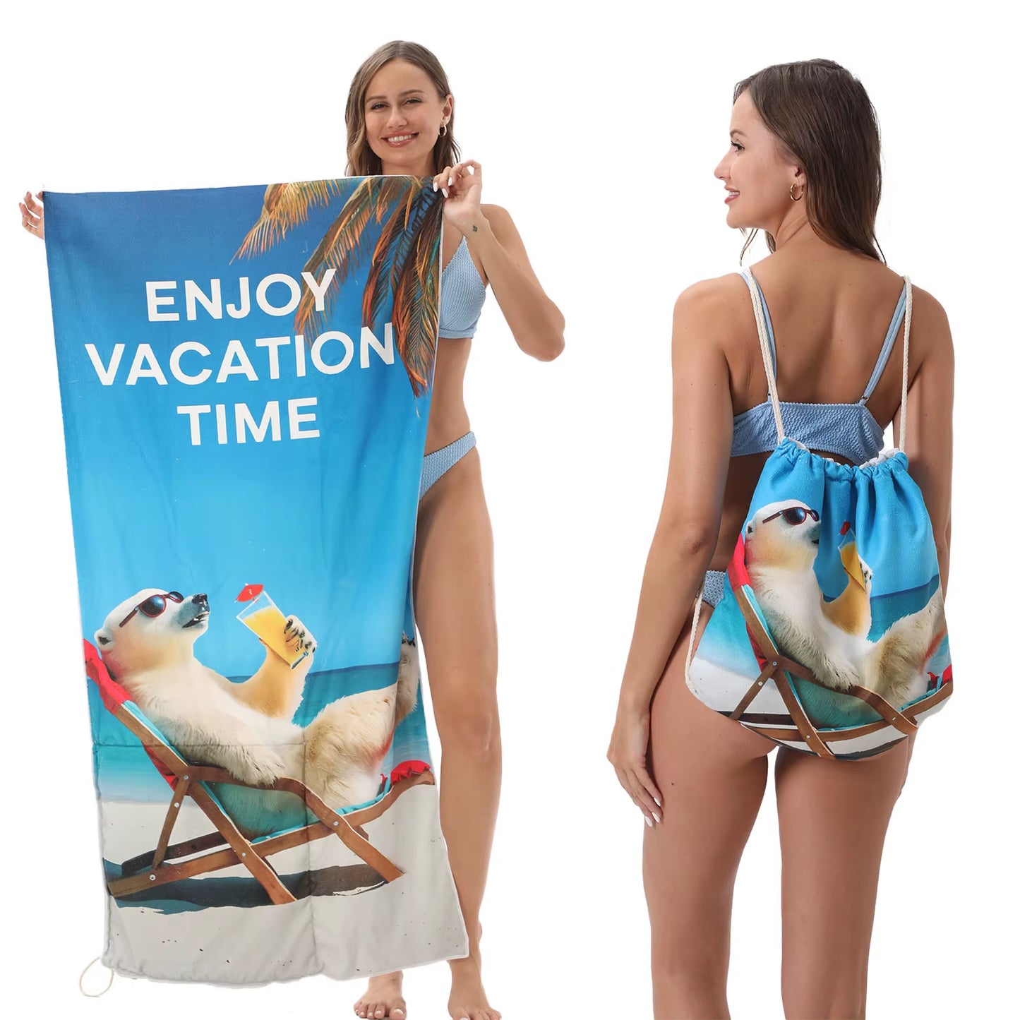 Fashion 2-In-1 Foldable Beach Towel with Integrated Bag Printed Bath Towel for Storage Portable Beach Accessory