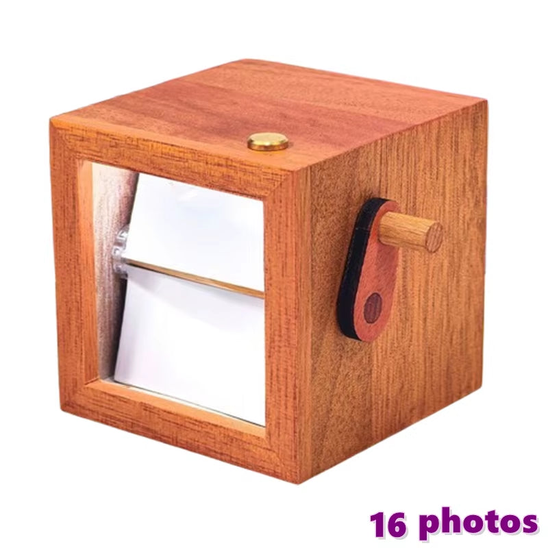 Hand-Cranked Flip Book Photo Frame Solid Wood Mini Animation Album with Night Light Desktop Ornament Gift for Couples Family