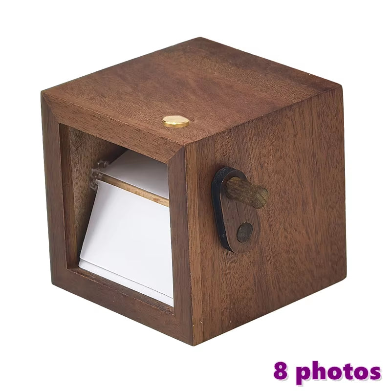 Hand-Cranked Flip Book Photo Frame Solid Wood Mini Animation Album with Night Light Desktop Ornament Gift for Couples Family
