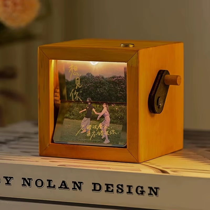 Hand-Cranked Flip Book Photo Frame Solid Wood Mini Animation Album with Night Light Desktop Ornament Gift for Couples Family