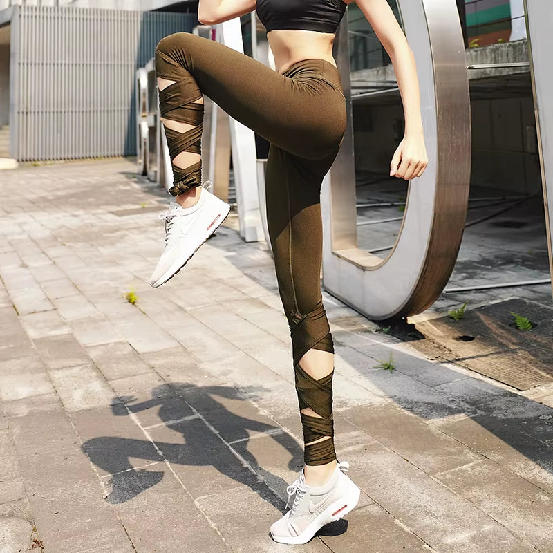 Women Ballerina Yoga Pants Bandage Leggings Fitnesss Running High Waist Leggings Side Cross Straps Sports Pants P1612