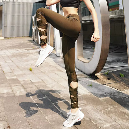 Women Ballerina Yoga Pants Bandage Leggings Fitnesss Running High Waist Leggings Side Cross Straps Sports Pants P1612