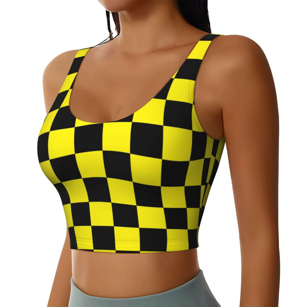 Custom Yellow Black Checkered Pattern Workout Crop Tank Tops Women Seamless Yoga Running Sports Bras