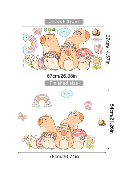 Cartoon Cute Capybara Flower Animal Watercolor Wall Sticker Children Room Wall Art Decal Kids Room Bedroom Living Home Decor