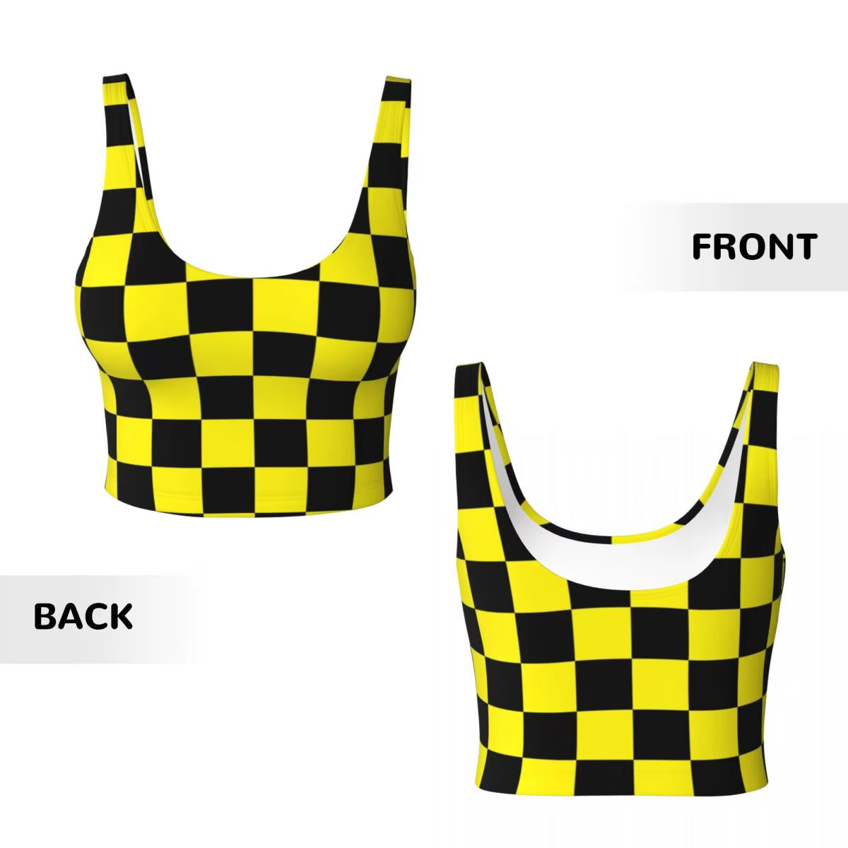 Custom Yellow Black Checkered Pattern Workout Crop Tank Tops Women Seamless Yoga Running Sports Bras