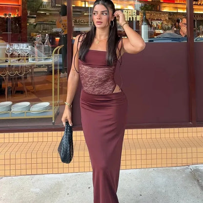 Spring Lace Long Dress Women'S Solid Spaghetti Straps Backless See through Long Dress Sexy High Waist Vintage Dresses