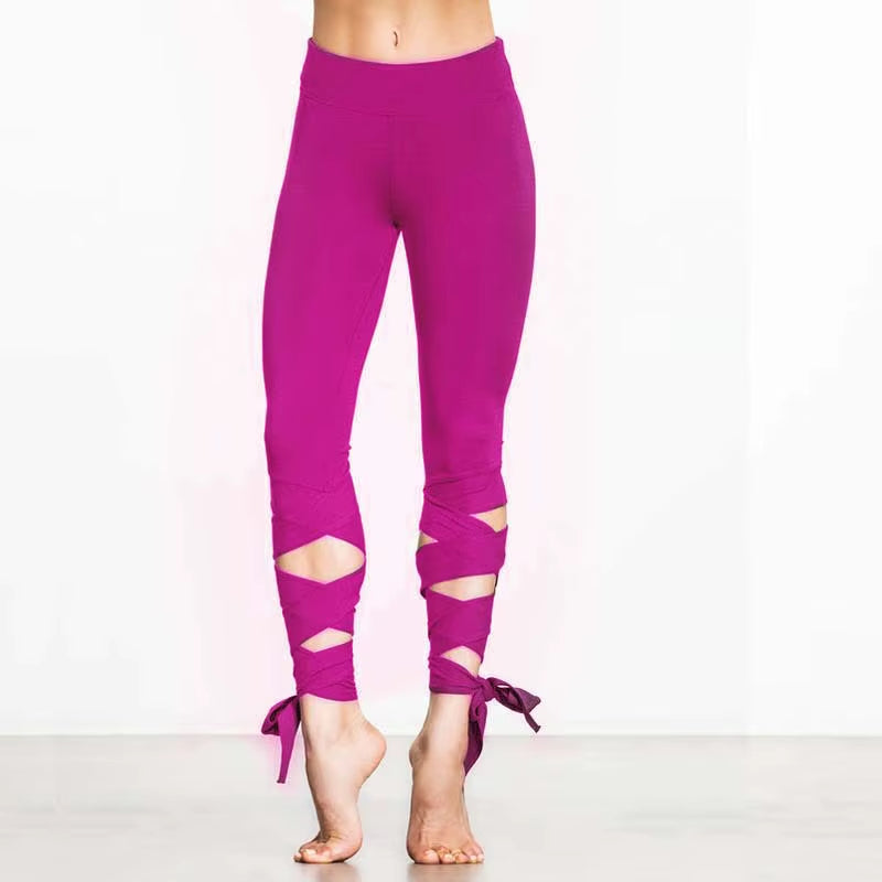 Women Ballerina Yoga Pants Bandage Leggings Fitnesss Running High Waist Leggings Side Cross Straps Sports Pants P1612
