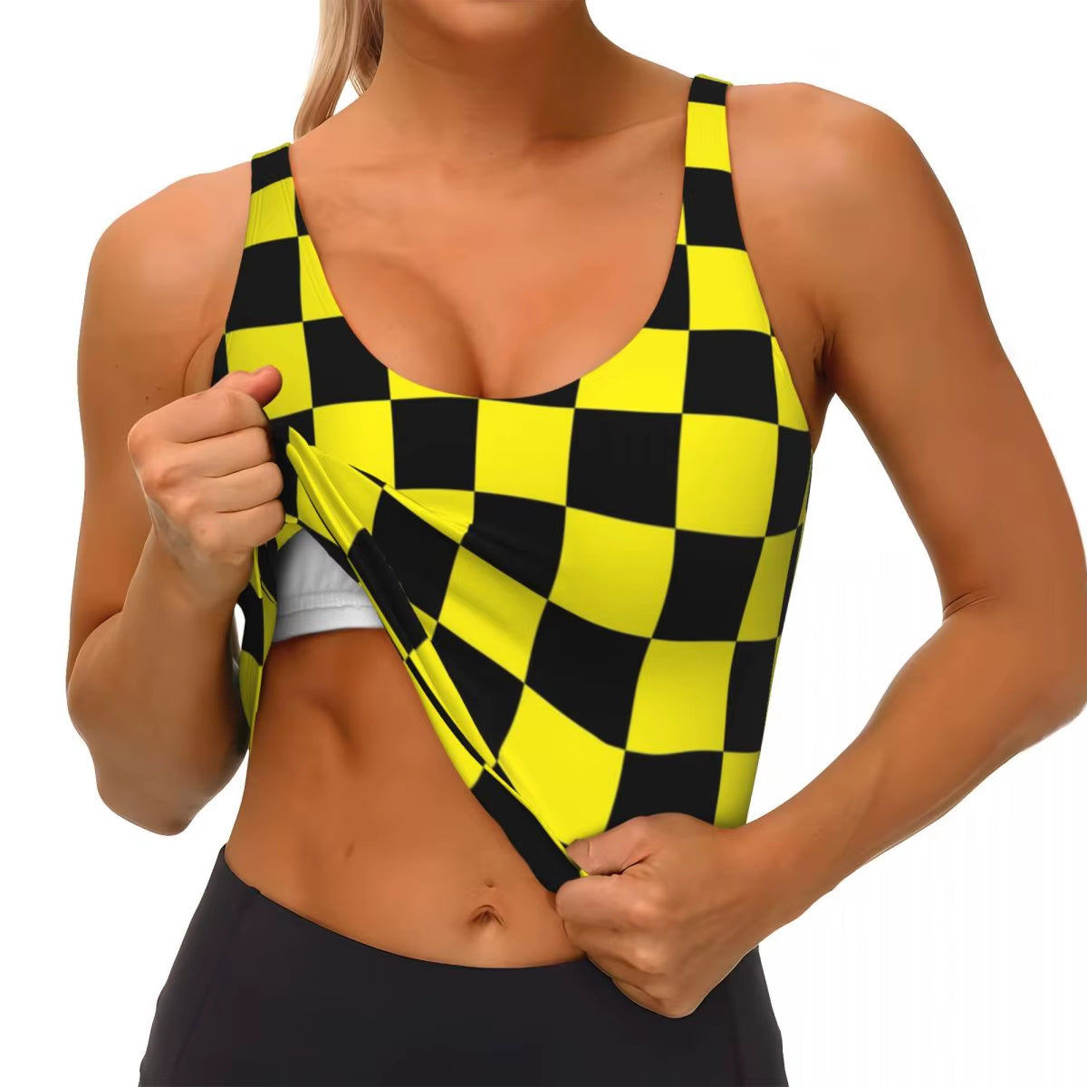 Custom Yellow Black Checkered Pattern Workout Crop Tank Tops Women Seamless Yoga Running Sports Bras