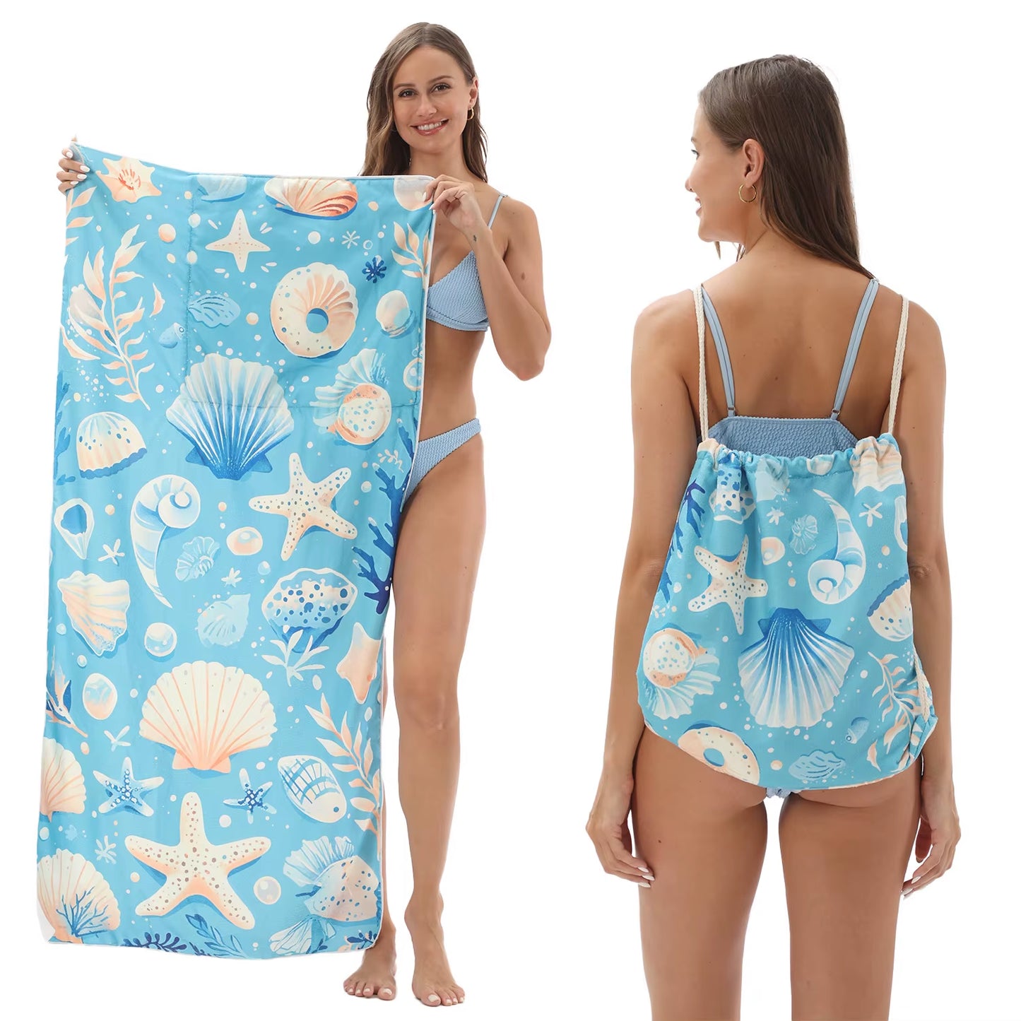 Fashion 2-In-1 Foldable Beach Towel with Integrated Bag Printed Bath Towel for Storage Portable Beach Accessory