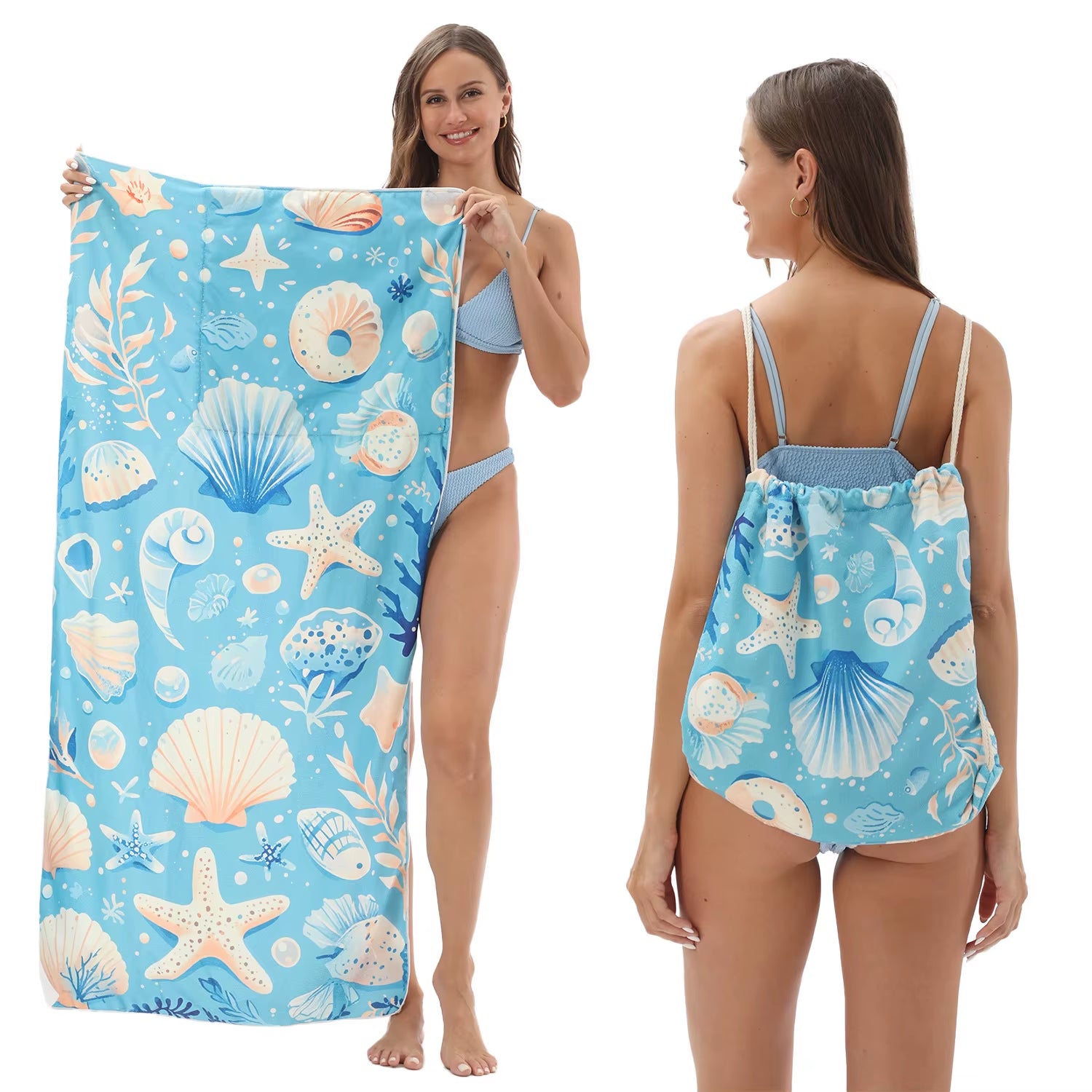Fashion 2-In-1 Foldable Beach Towel with Integrated Bag Printed Bath Towel for Storage Portable Beach Accessory