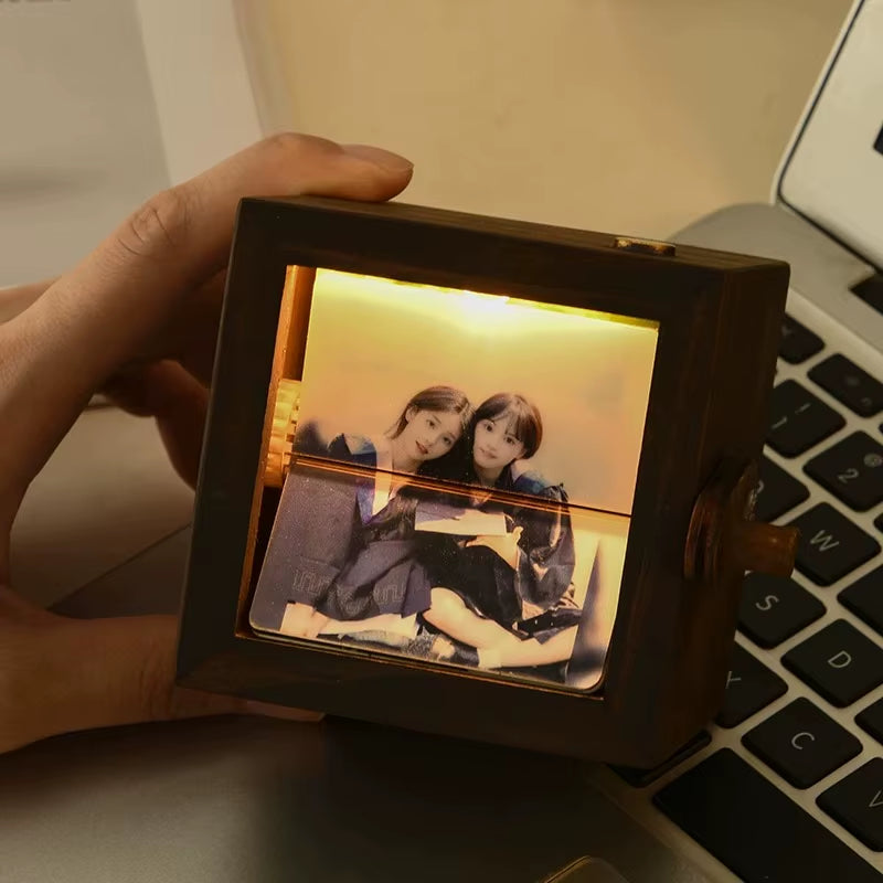Hand-Cranked Flip Book Photo Frame Solid Wood Mini Animation Album with Night Light Desktop Ornament Gift for Couples Family