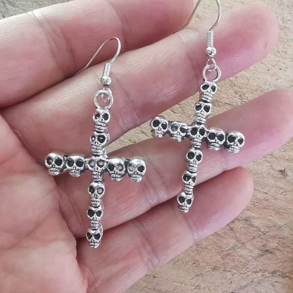 Vintage Skull Cross Drop Dangle Earrings for Women Halloween Jewelry Goth Punk Gothic Accessories Large Steampunk