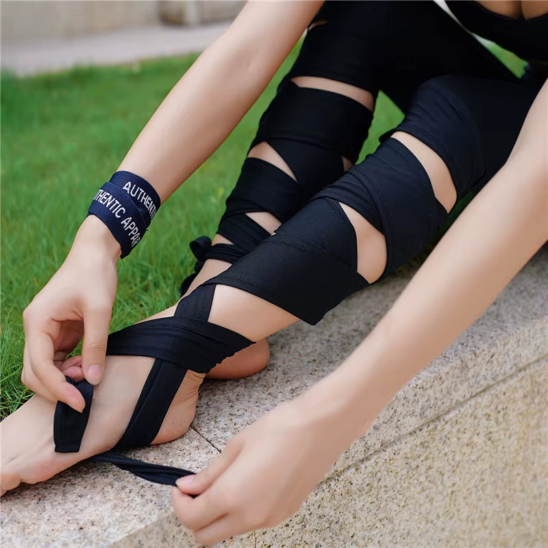 Women Ballerina Yoga Pants Bandage Leggings Fitnesss Running High Waist Leggings Side Cross Straps Sports Pants P1612