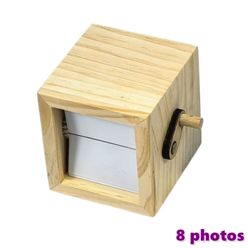 Hand-Cranked Flip Book Photo Frame Solid Wood Mini Animation Album with Night Light Desktop Ornament Gift for Couples Family
