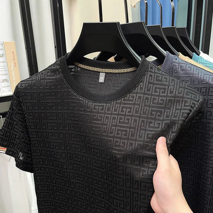 2025 New Men'S Fashionable Jacquard Short Sleeved round Neck T-Shirt Casual and Comfortable All Season Versatile Top