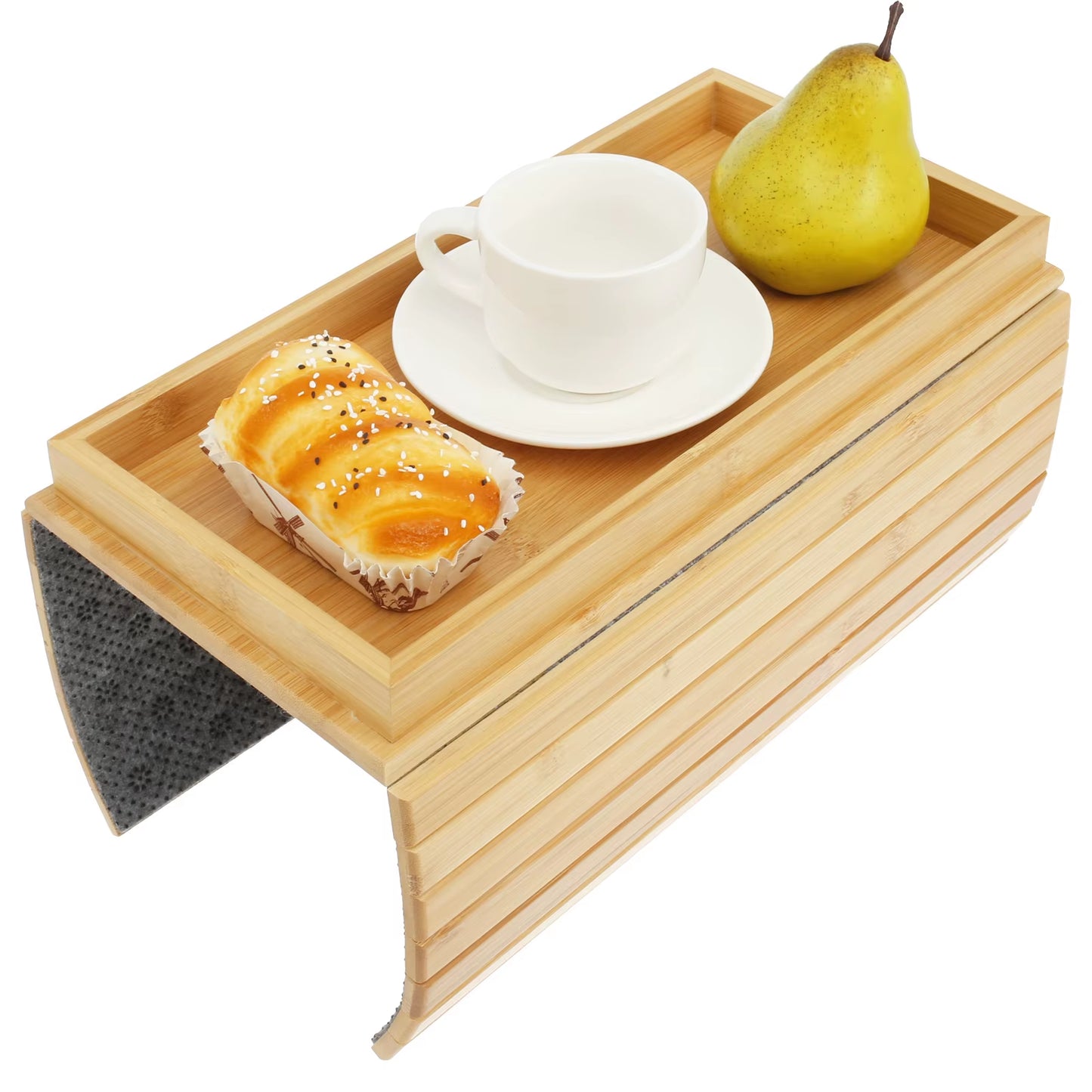 Couch Cup Holder Bamboo Sofa Armrest Tray Foldable Anti-Slip with Side Storage Pocket Remote Control Cups Snack Organizer