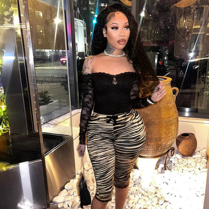 Sexy Hottie Lace Edge Bow Decoration Leopard Print Slim Seven Pants Summer New Women'S Fashion Street Casual Seven Pant