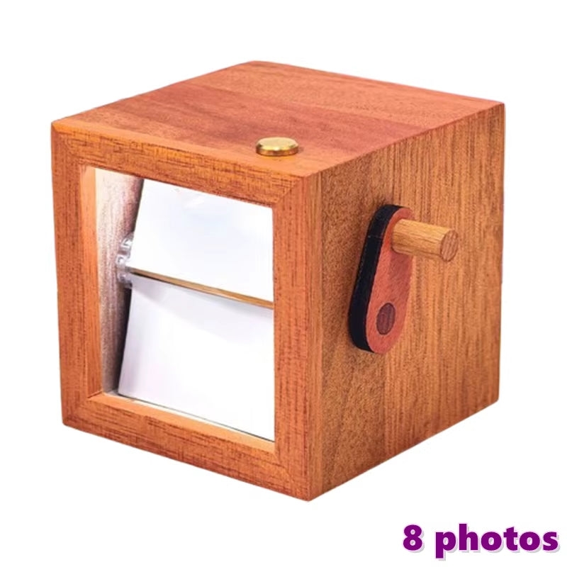 Hand-Cranked Flip Book Photo Frame Solid Wood Mini Animation Album with Night Light Desktop Ornament Gift for Couples Family